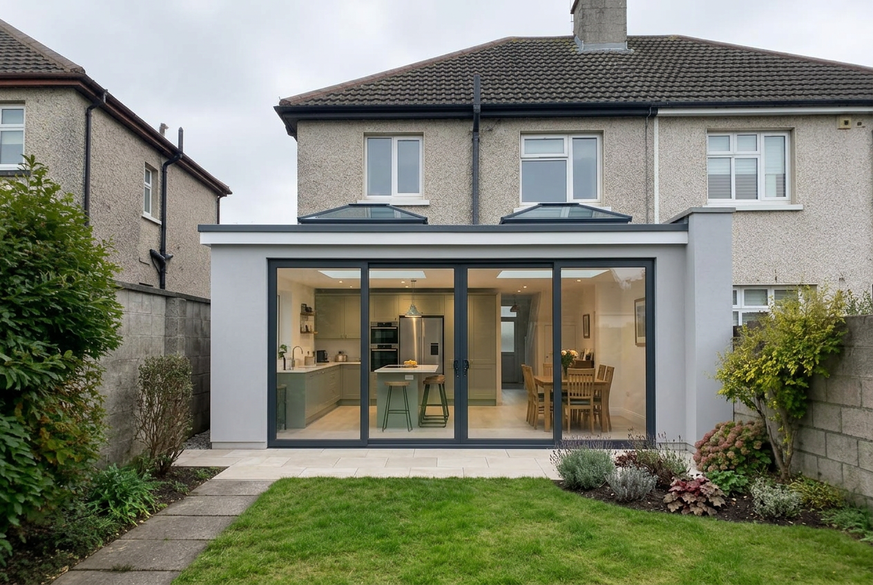 Finished modern rear extension with grey render and dark bifold doors