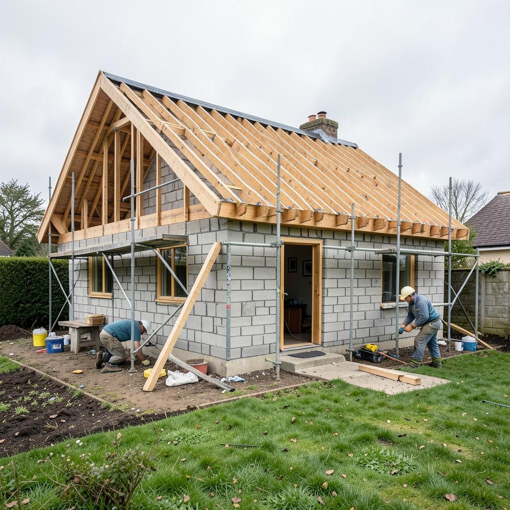 House extension under construction with roof joists