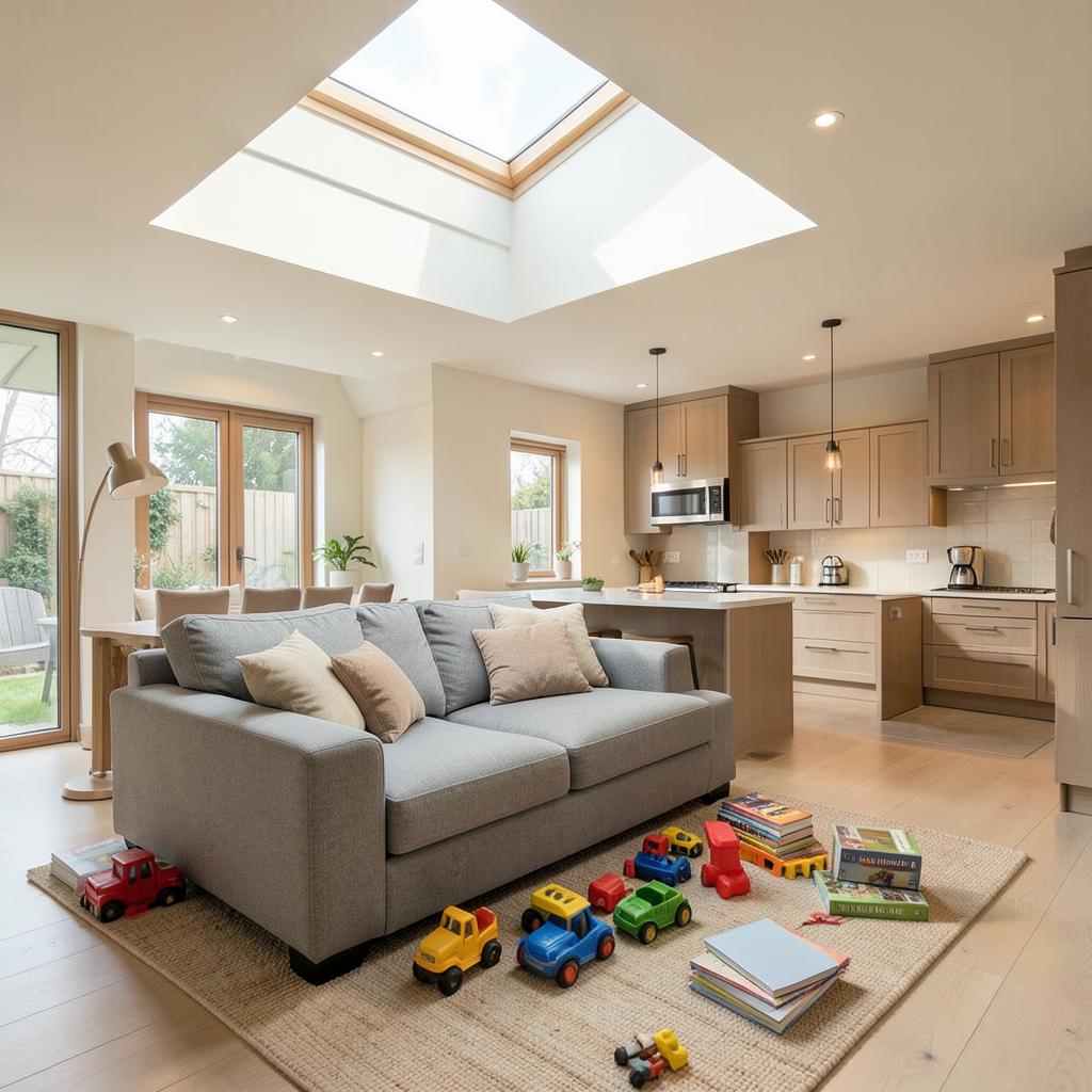 Bright family living space beneath a skylight