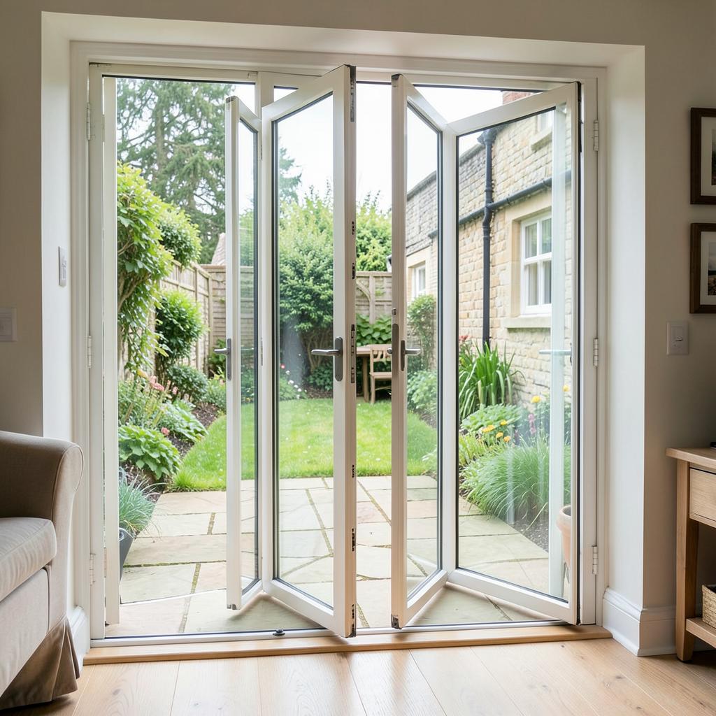 Glass doors opening from an extension onto a garden